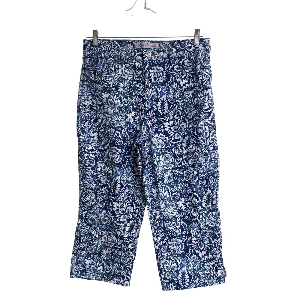 Gloria Vanderbilt Amanda Capri Pants Blue White Floral Damask High Rise Size 12